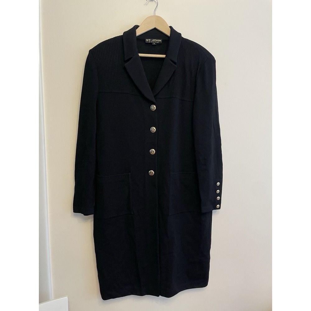 St. John Basics Santana Knit Long Jacket Women Size 14 Black Suit Dress Button